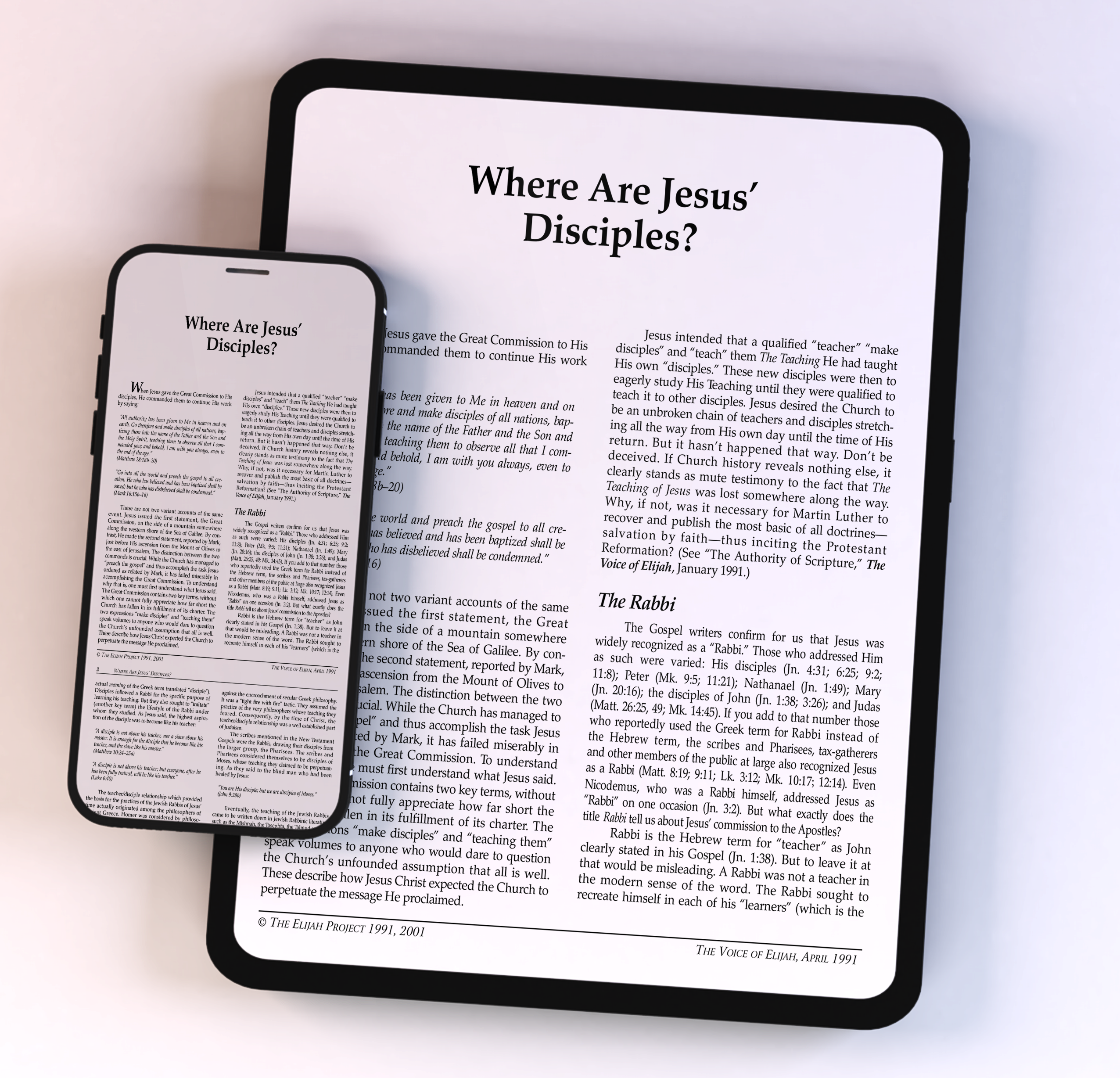A smartphone and tablet side by side, both displaying an article titled ‘Where Are Jesus’ Disciples?’ on white screens.