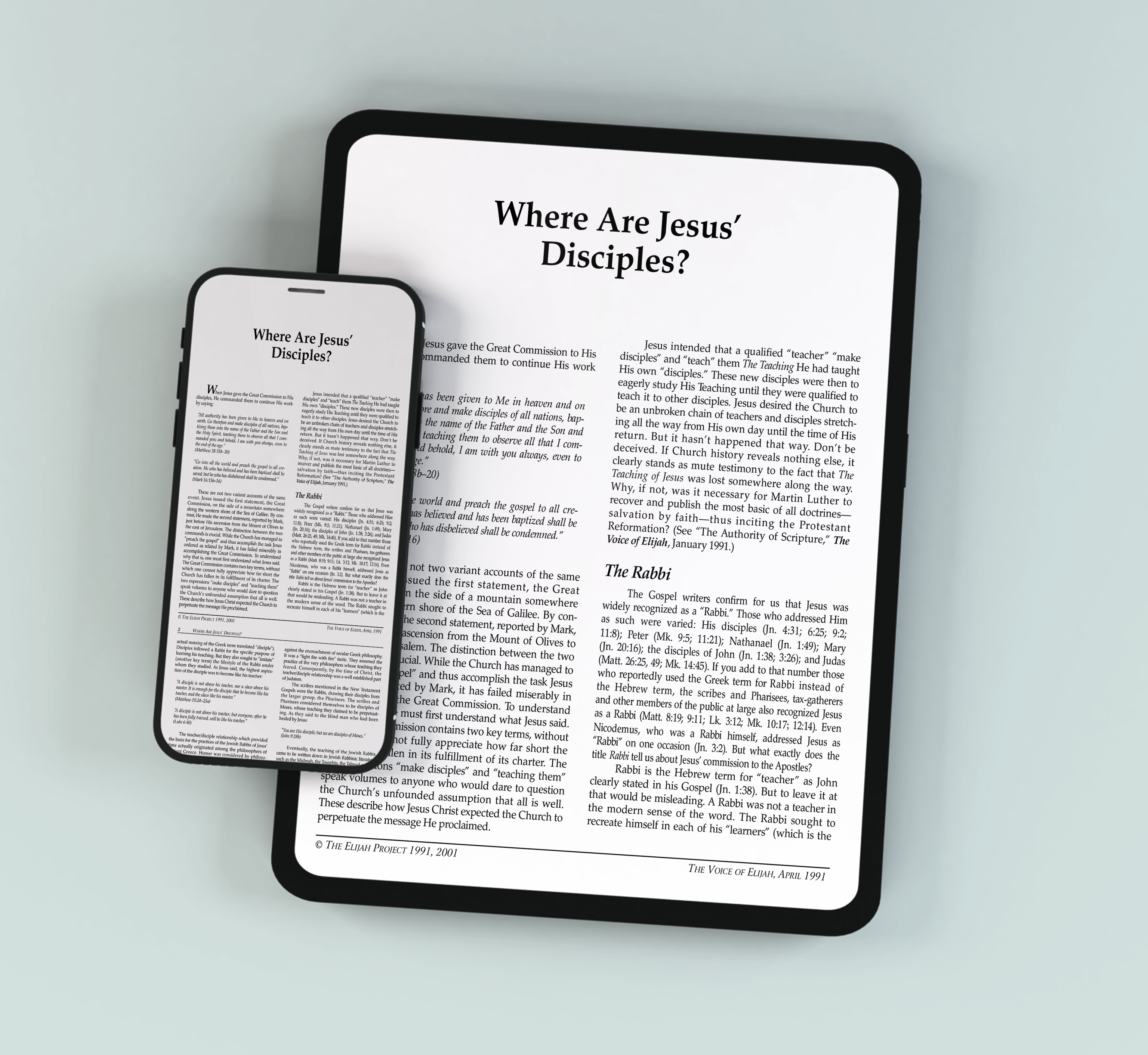 A smartphone and tablet side by side, both displaying an article titled ‘Where Are Jesus’ Disciples?’ on white screens.