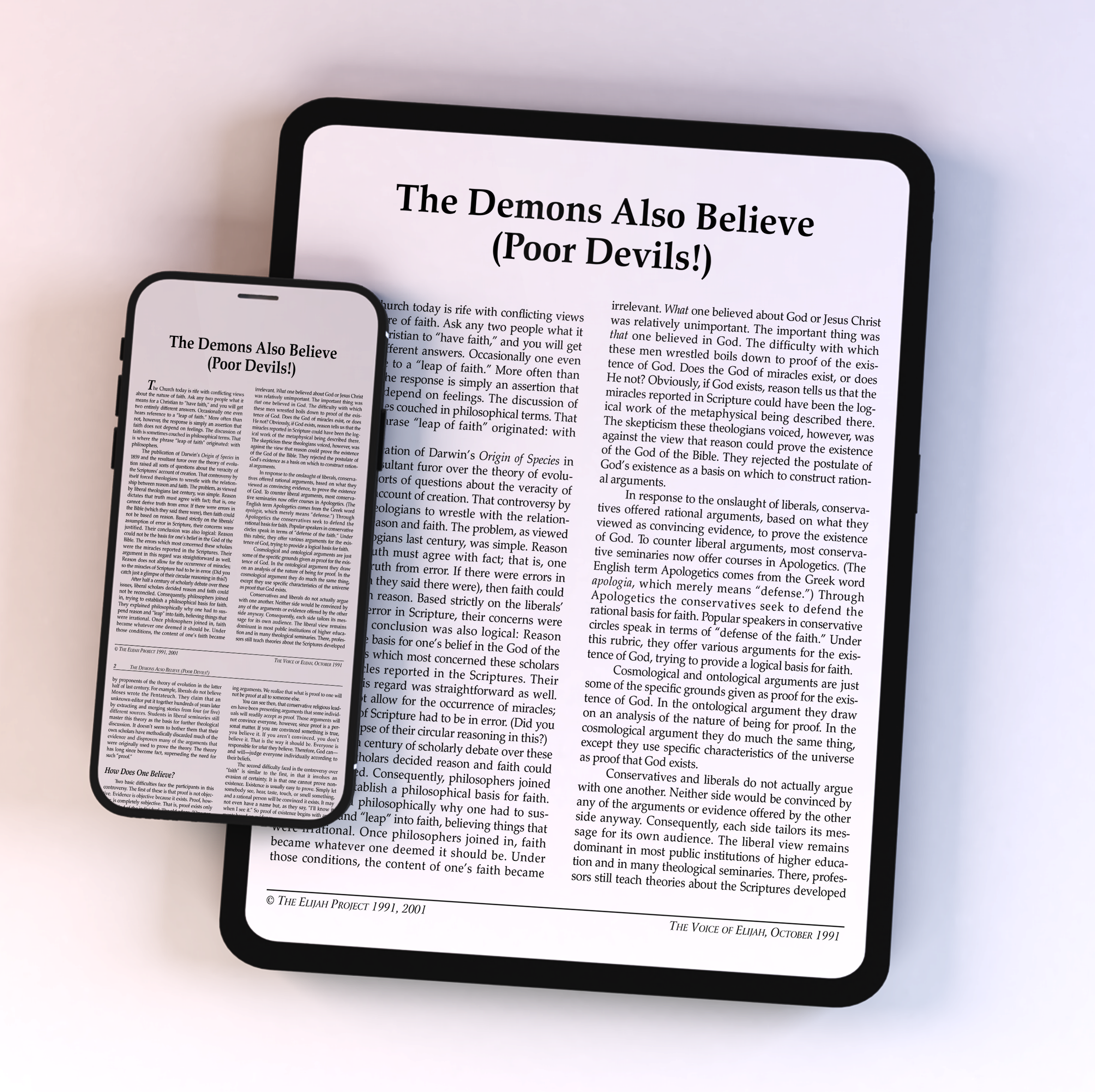 A smartphone and tablet side by side, both displaying an article titled ‘The Demons Also Believe (Poor Devils!)’ on white screens.