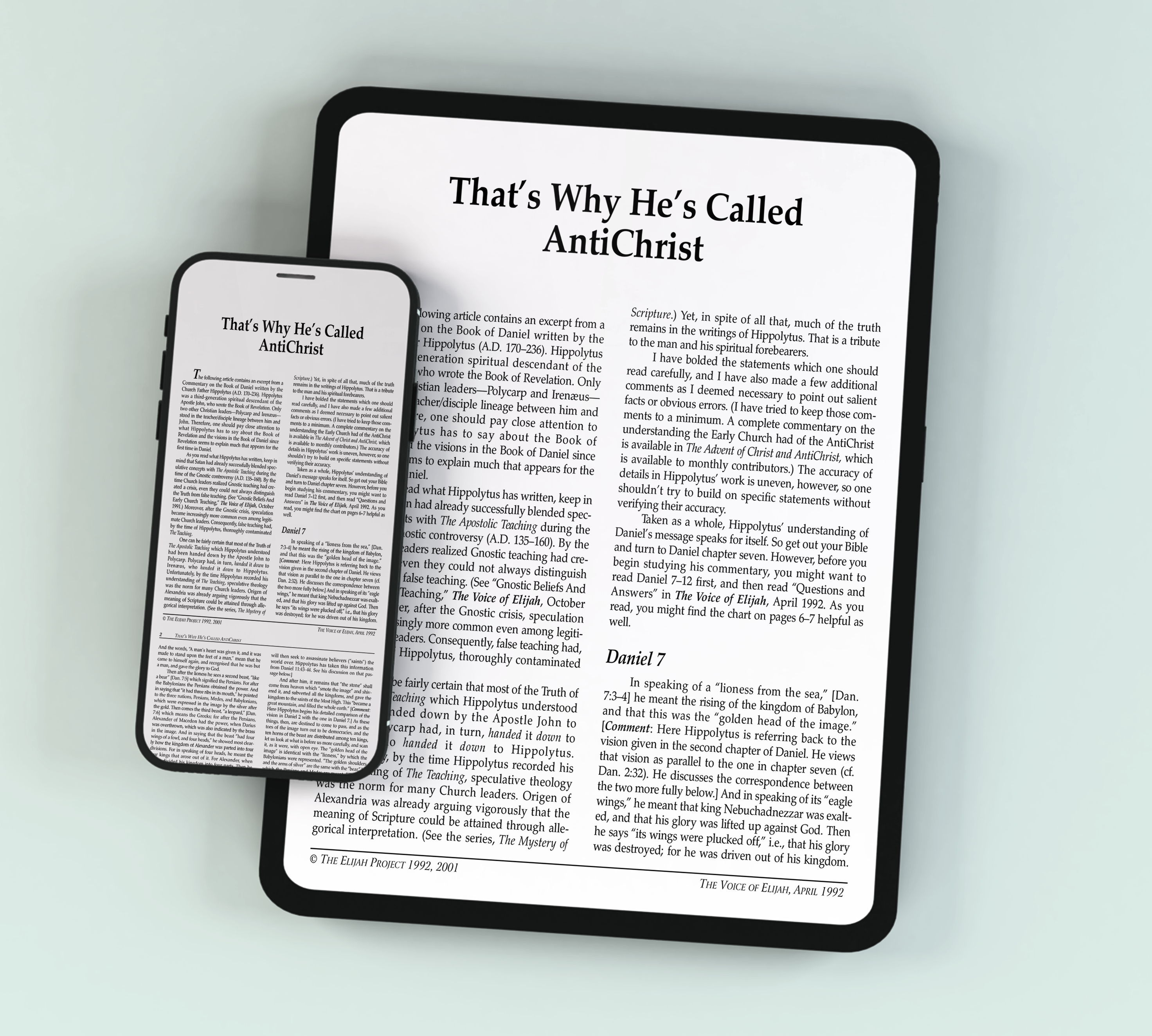 A smartphone and tablet side by side, both displaying an article titled ‘That’s Why He’s Called AntiChrist!’ on white screens.