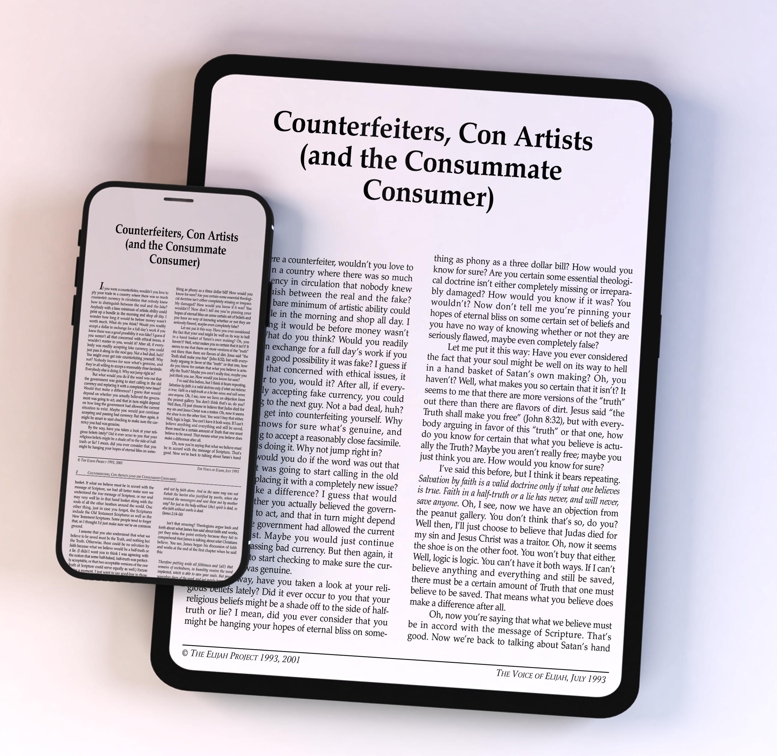 A smartphone and tablet side by side, both displaying an article titled ‘Counterfeiters, Con Artists (and the Consummate Consumer)’ on white screens.
