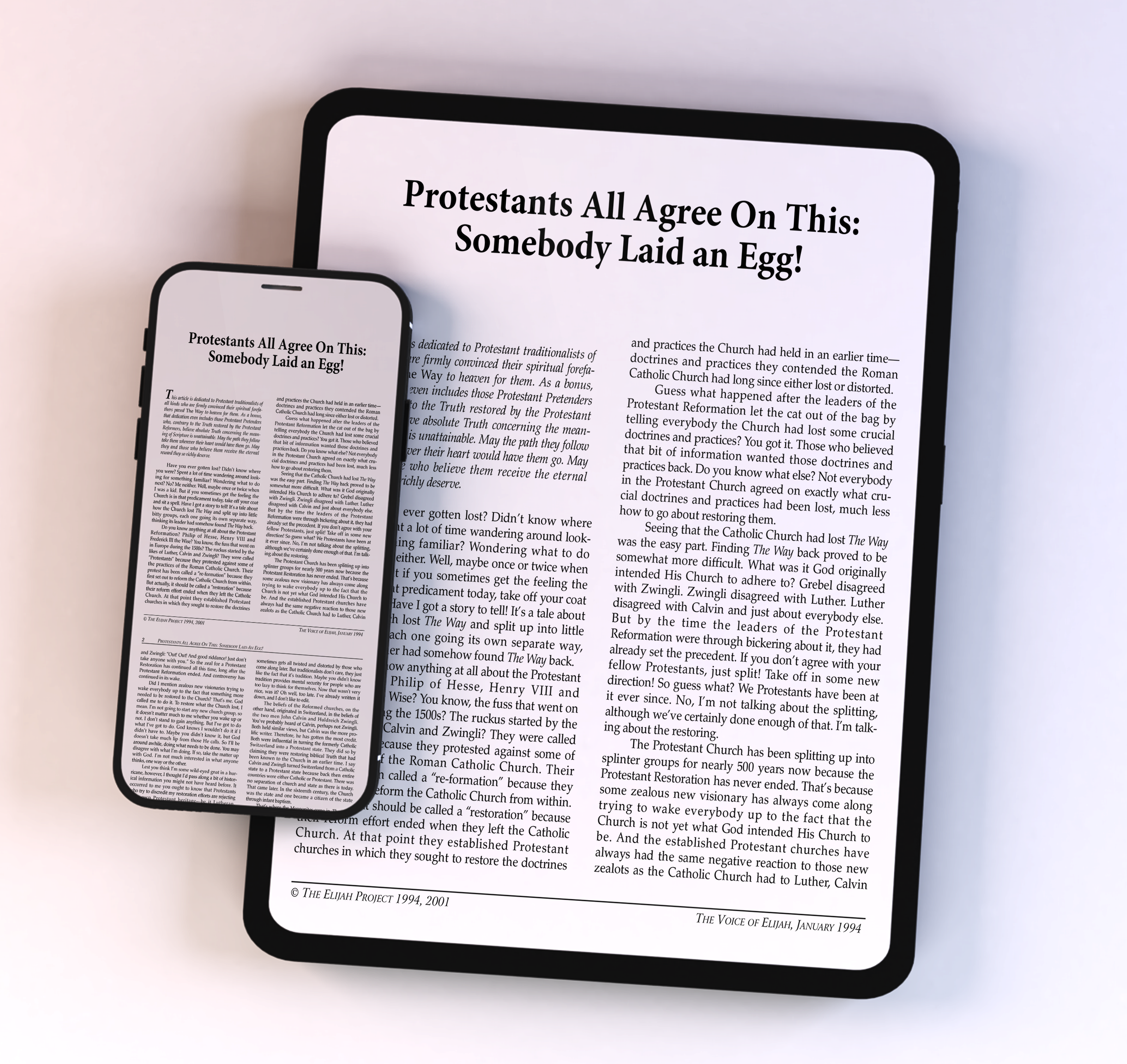 A smartphone and tablet side by side, both displaying an article titled ‘Protestants All Agree on This: Somebody Laid an Egg!’ on white screens.