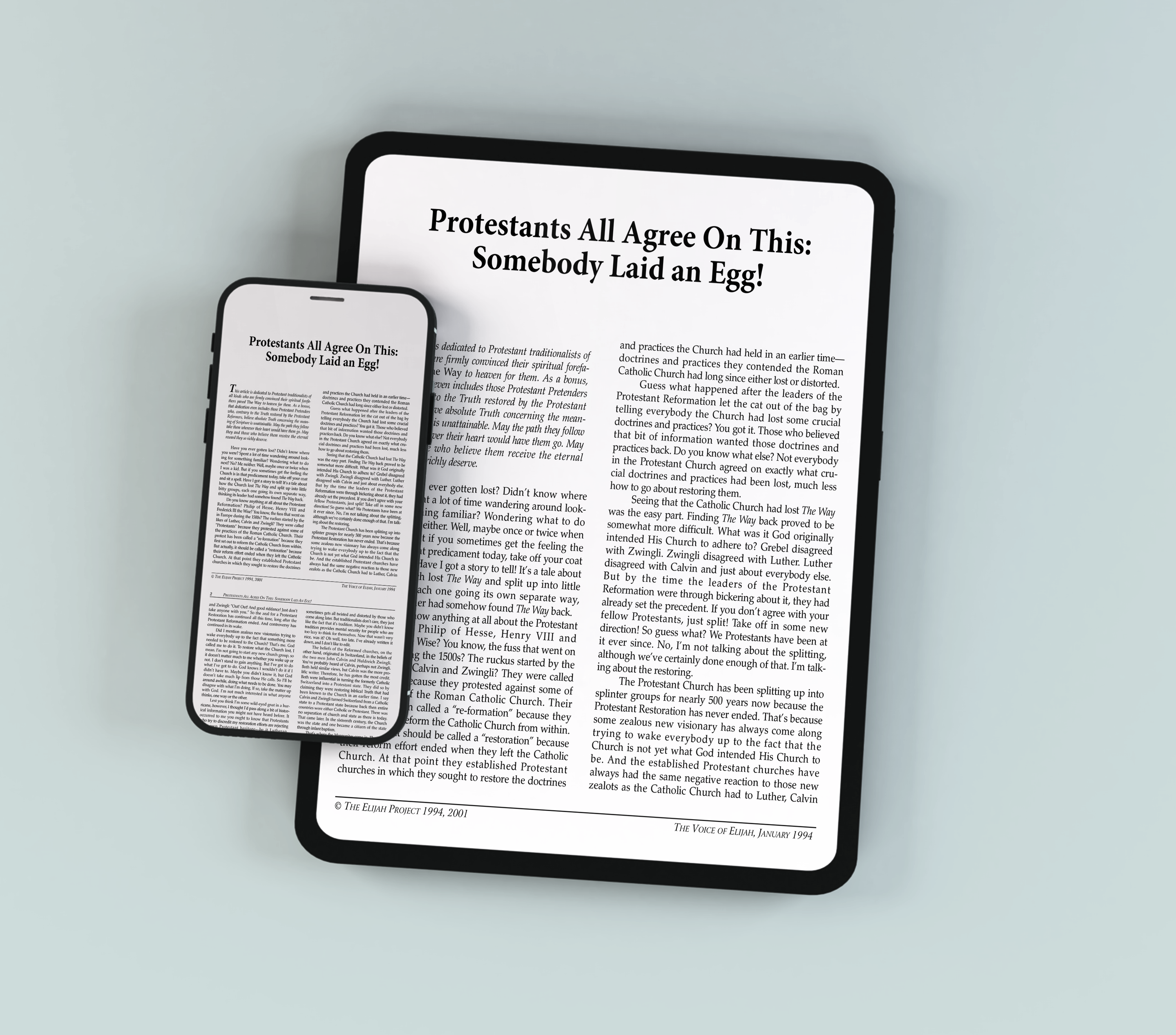 A smartphone and tablet side by side, both displaying an article titled ‘Protestants All Agree on This: Somebody Laid an Egg!’ on white screens.