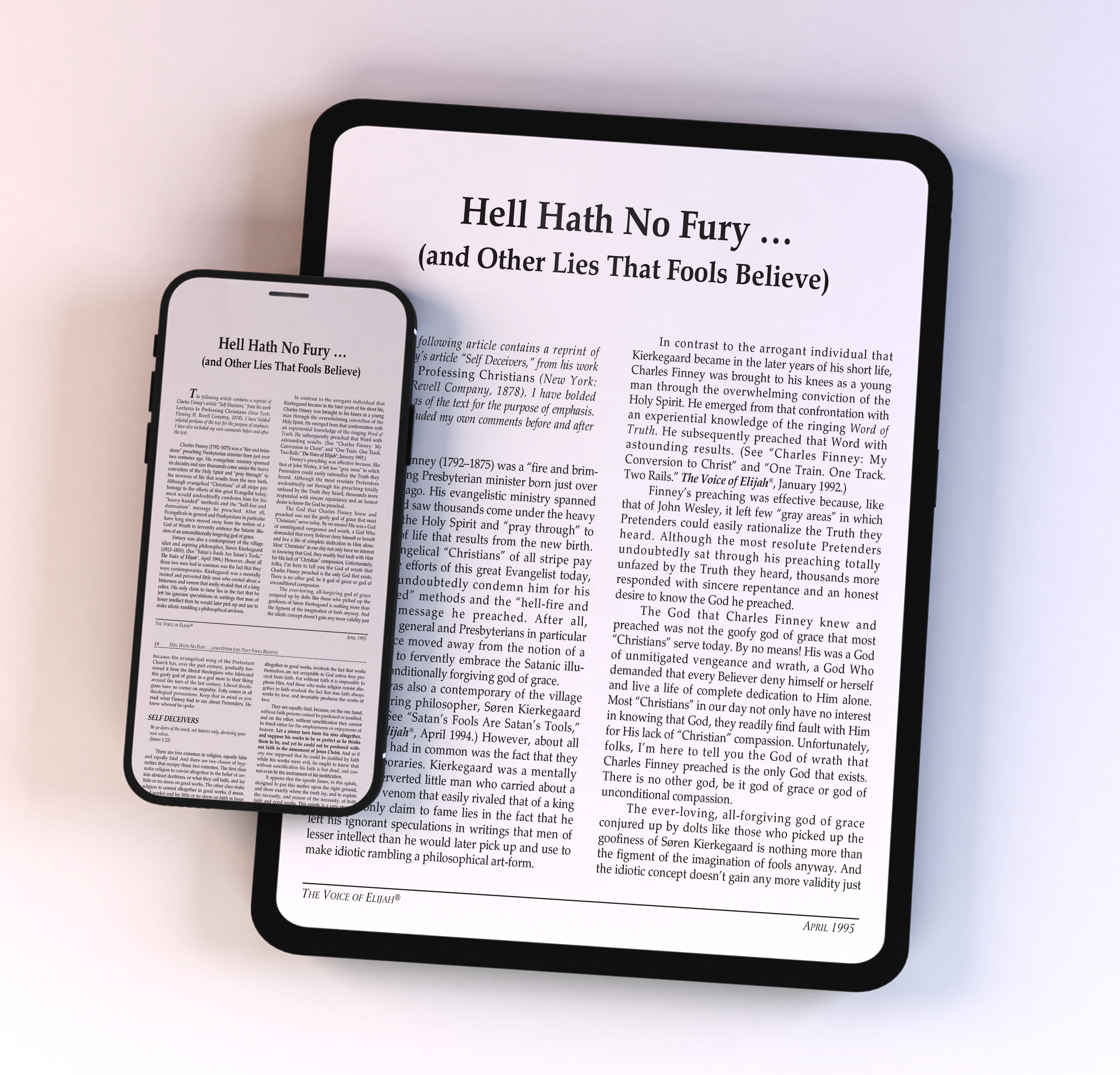 A smartphone and tablet side by side, both displaying an article titled ‘Hell Hath No Fury ... (and Other Lies That Fools Believe)’ on white screens.