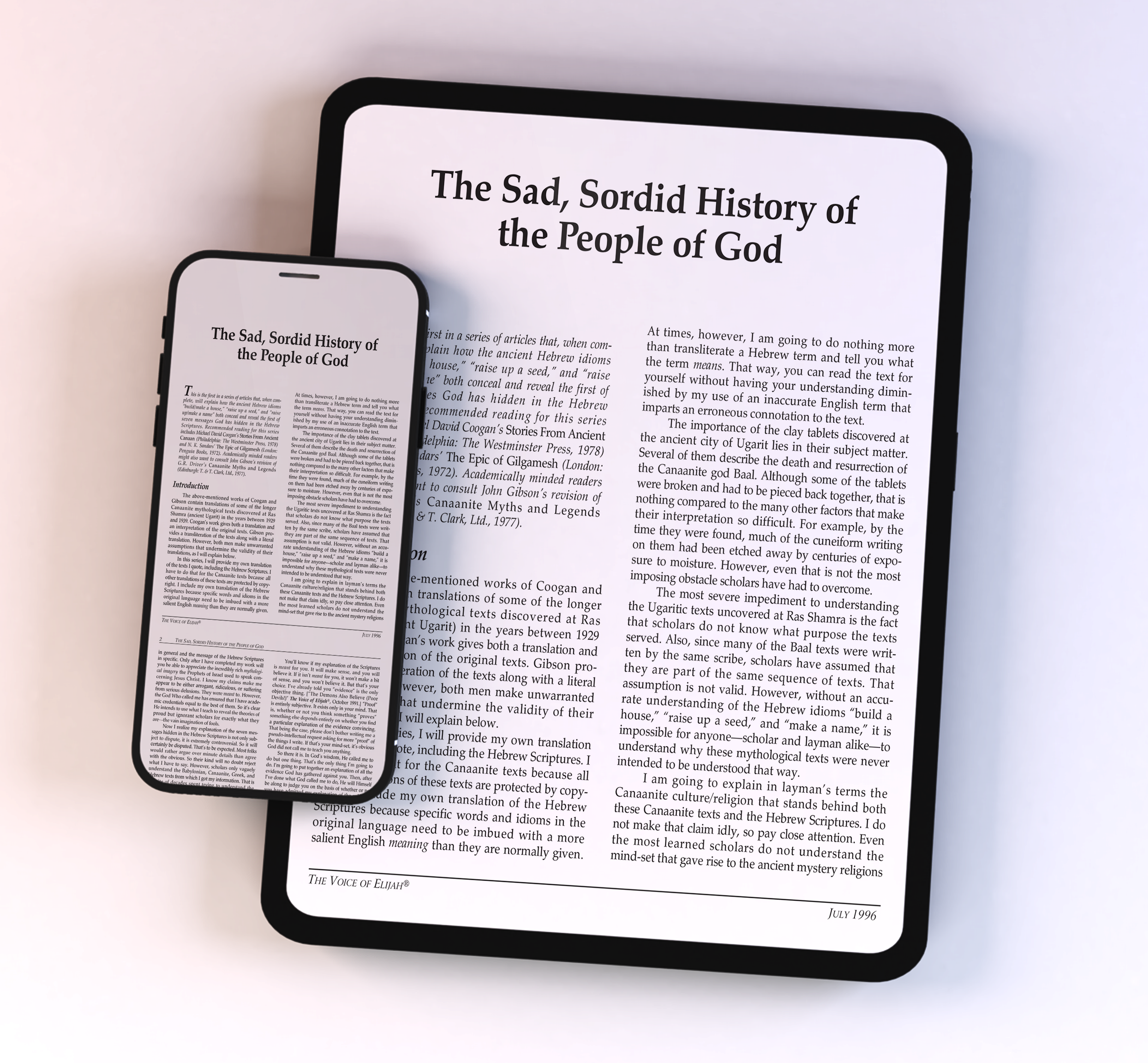 A smartphone and tablet side by side, both displaying an article titled ‘The Sad, Sordid History of the People of God’ on white screens.