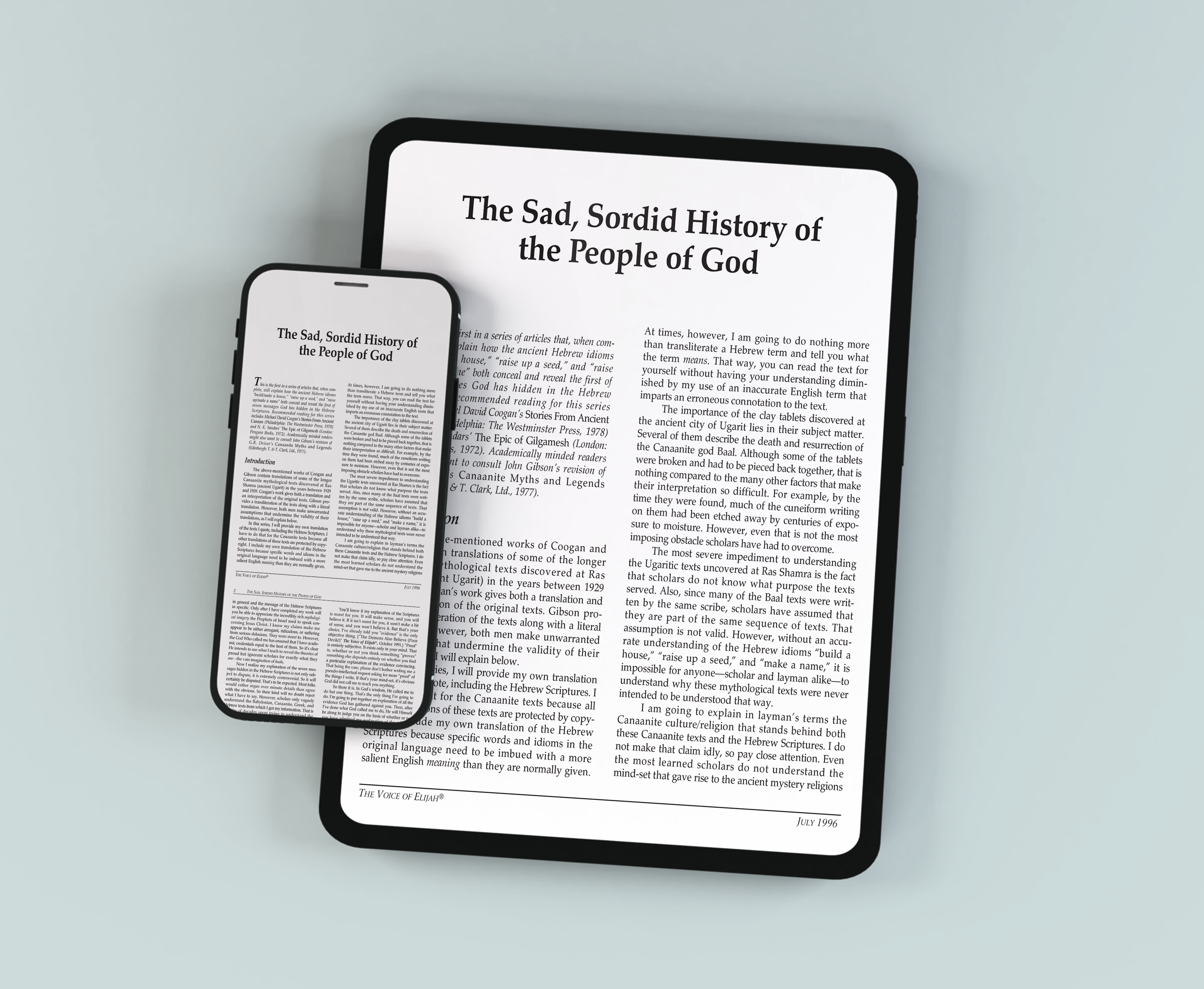 A smartphone and tablet side by side, both displaying an article titled ‘The Sad, Sordid History of the People of God’ on white screens.