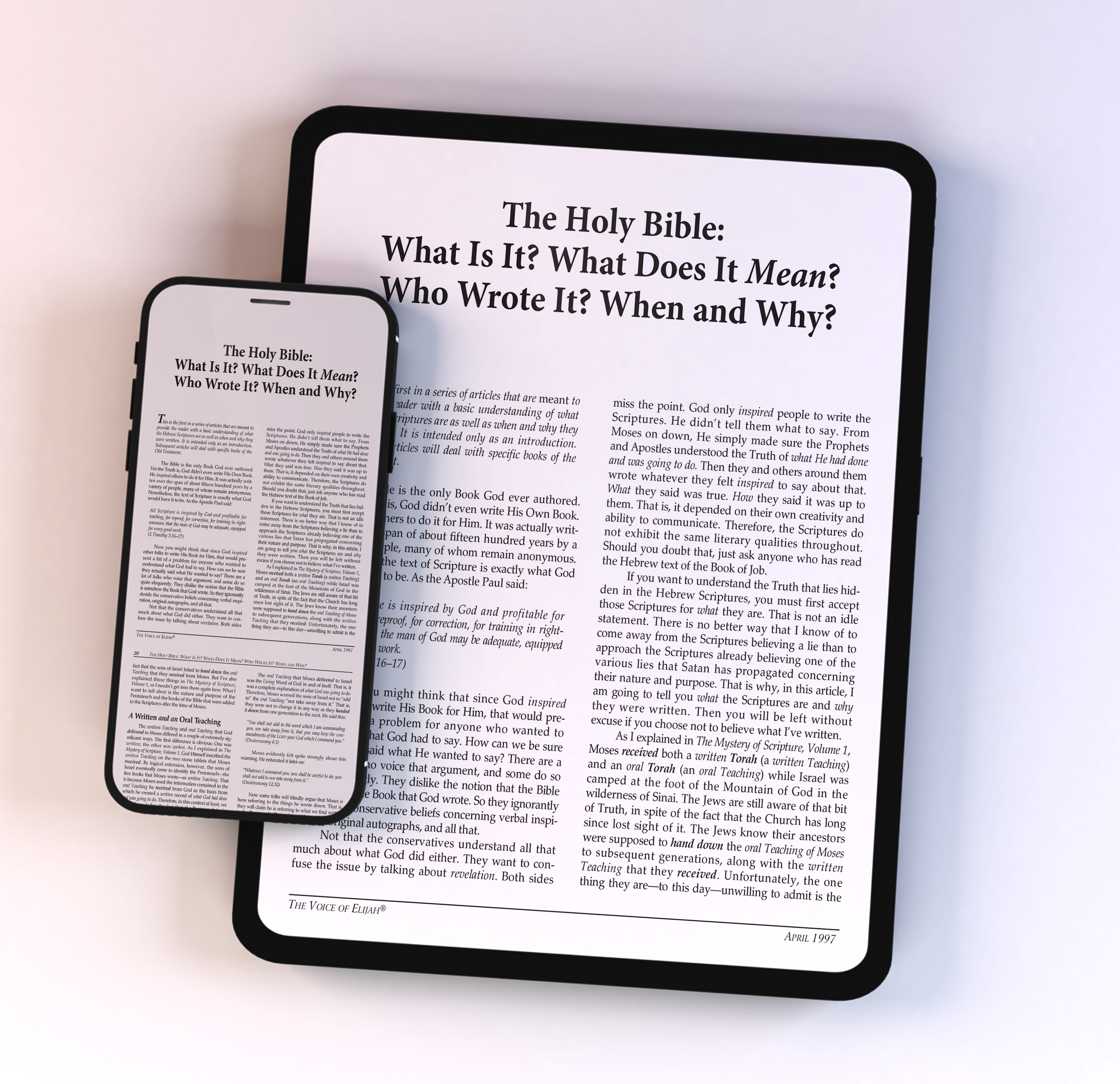 A smartphone and tablet side by side, both displaying an article titled ‘The Holy Bible: What Is It? What Does It Mean? Who Wrote It? When and Why?’ on white screens.