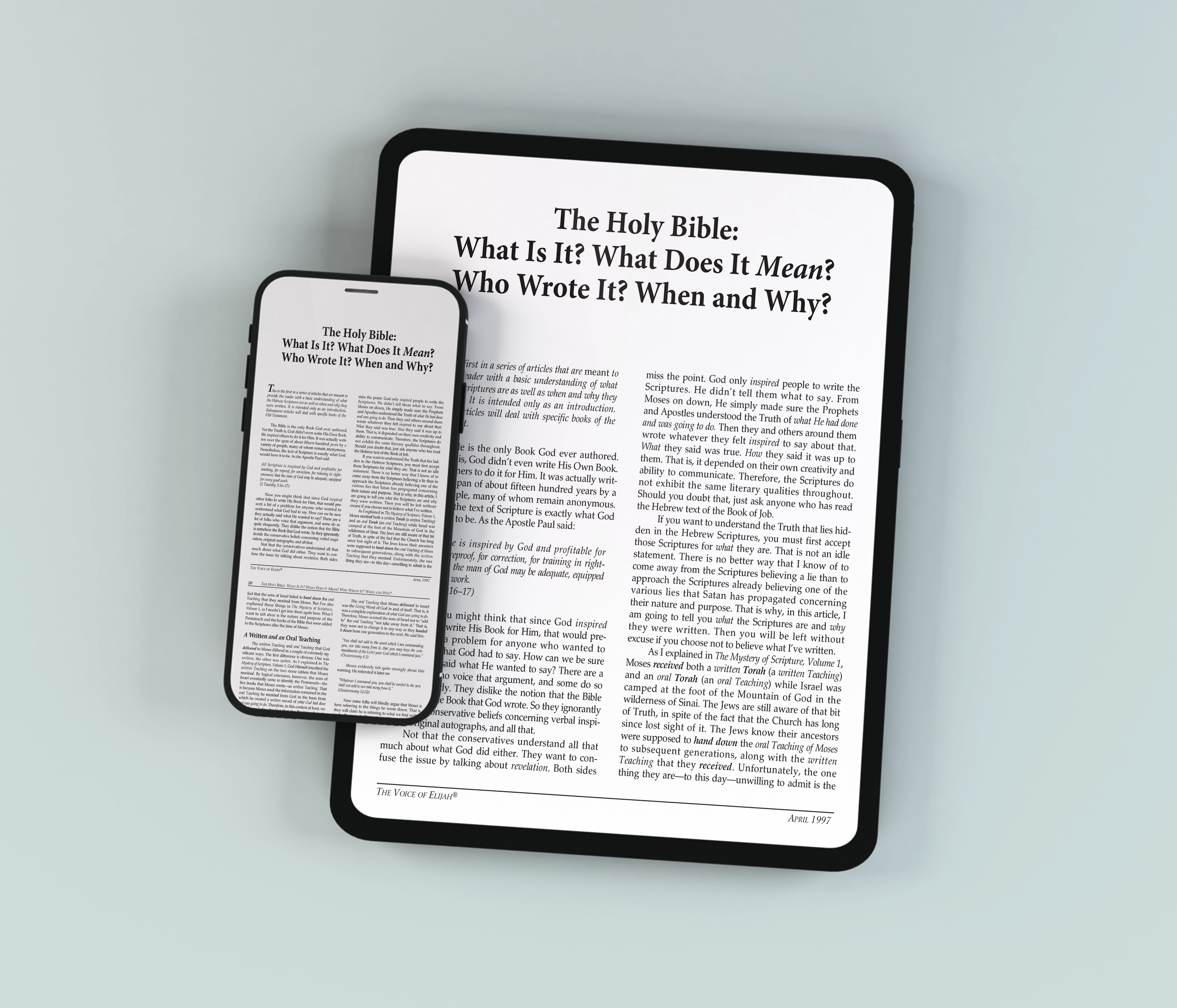 A smartphone and tablet side by side, both displaying an article titled ‘The Holy Bible: What Is It? What Does It Mean? Who Wrote It? When and Why?’ on white screens.