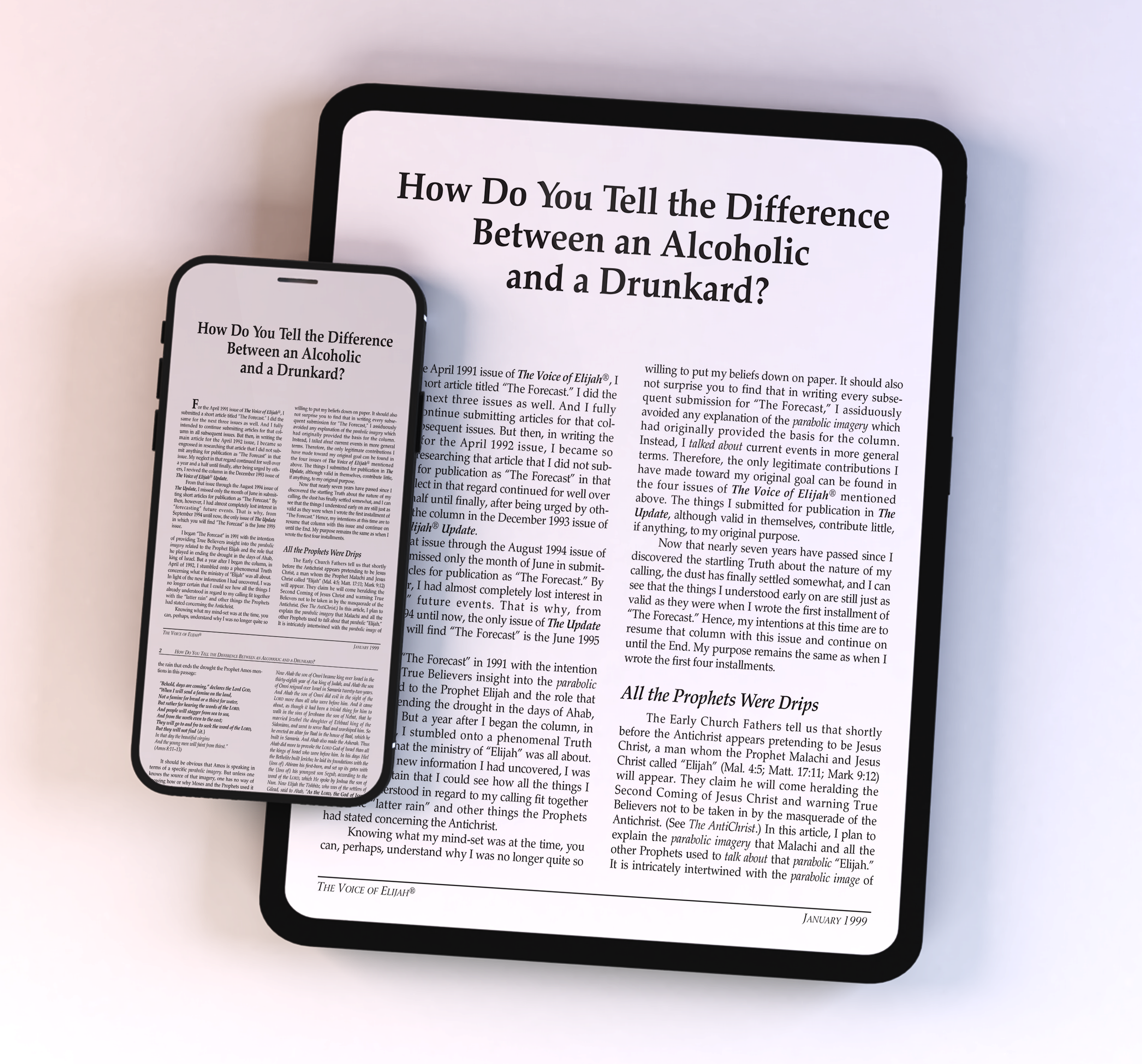 A smartphone and tablet side by side, both displaying an article titled ‘How Do You Tell the Difference Between an Alcoholic and a Drunkard?’ on white screens.