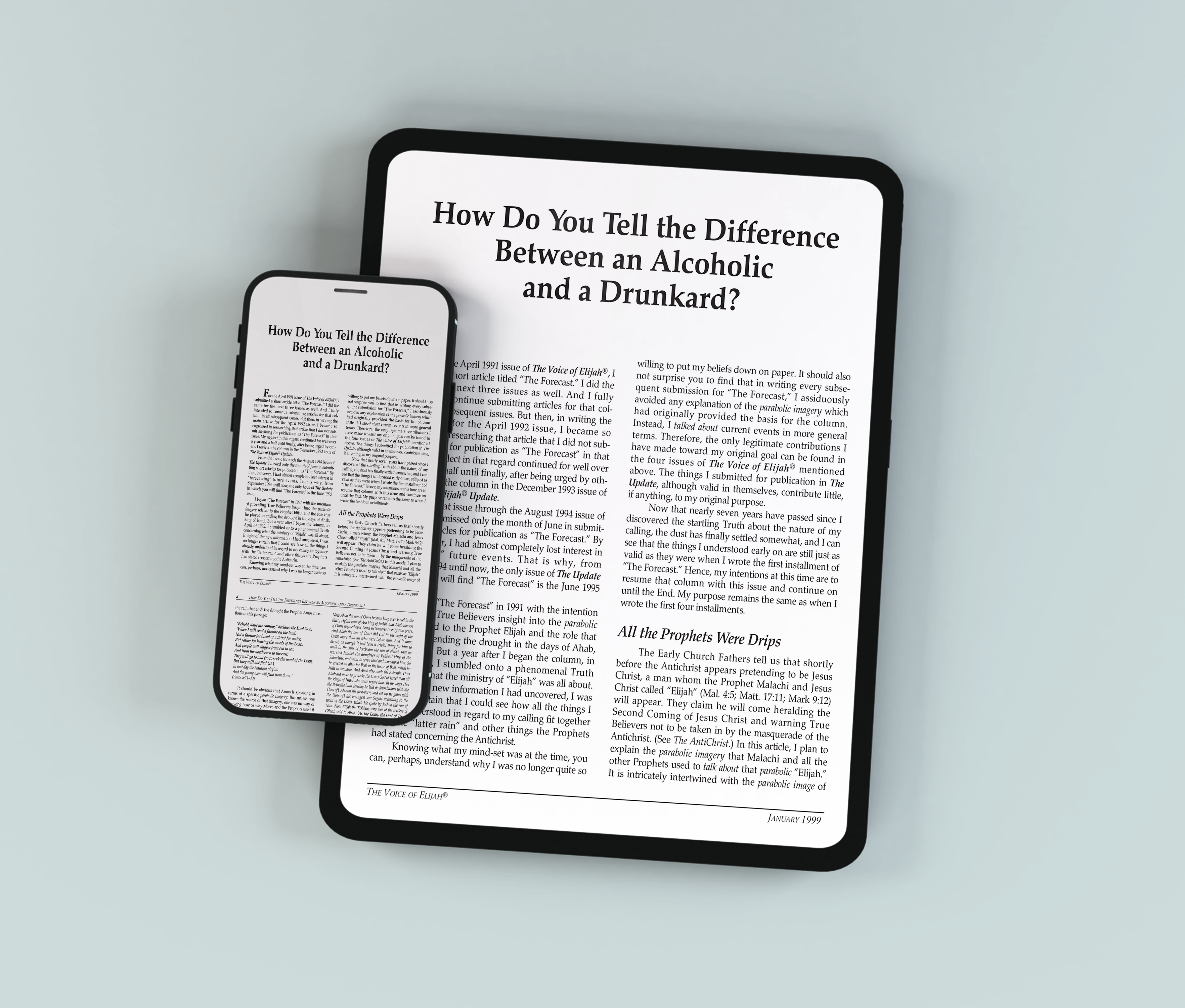 A smartphone and tablet side by side, both displaying an article titled ‘How Do You Tell the Difference Between an Alcoholic and a Drunkard?’ on white screens.