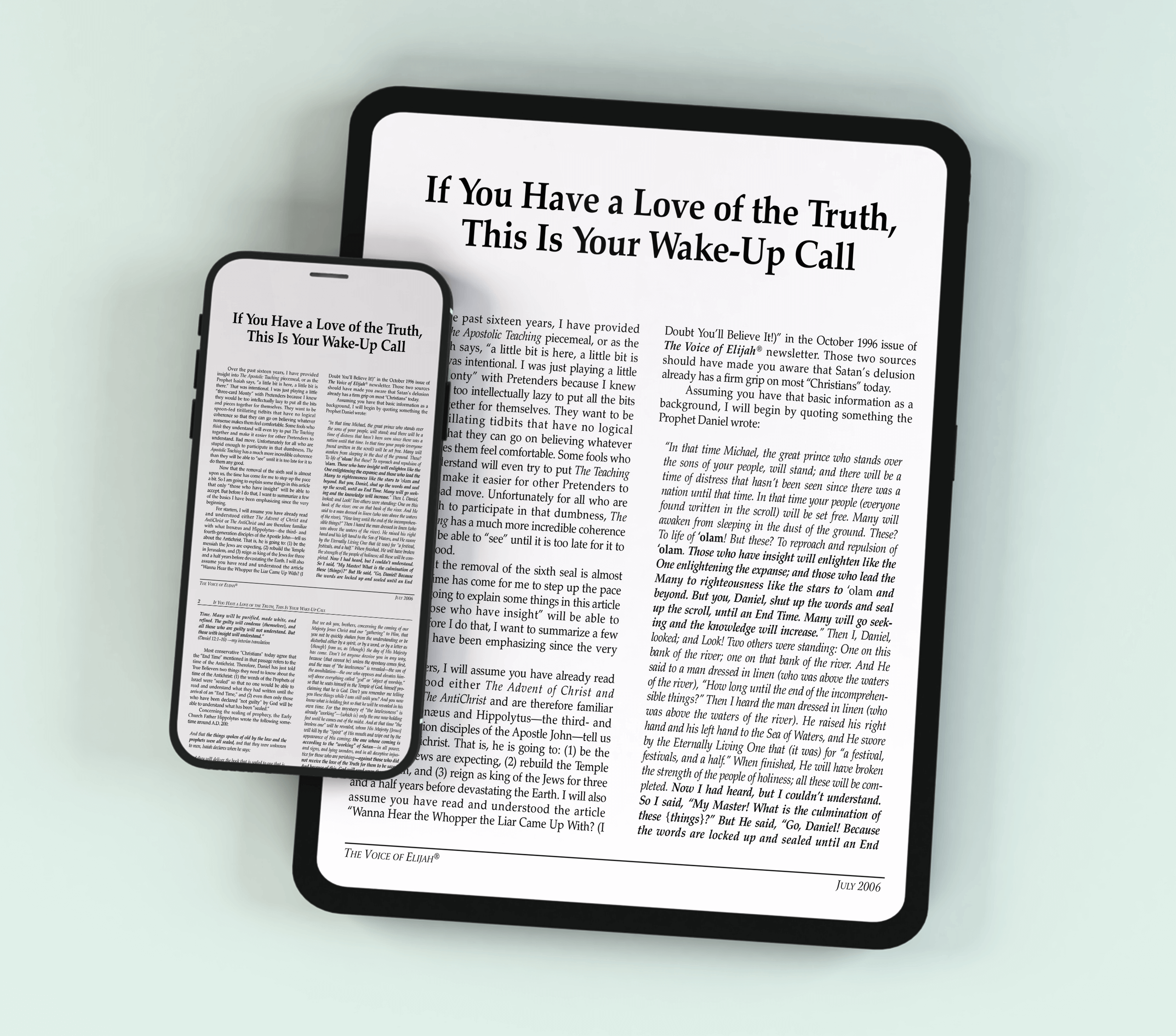 A smartphone and tablet side by side, both displaying an article titled ‘If You Have a Love of the Truth, This Is Your Wake-Up Call’ on white screens.