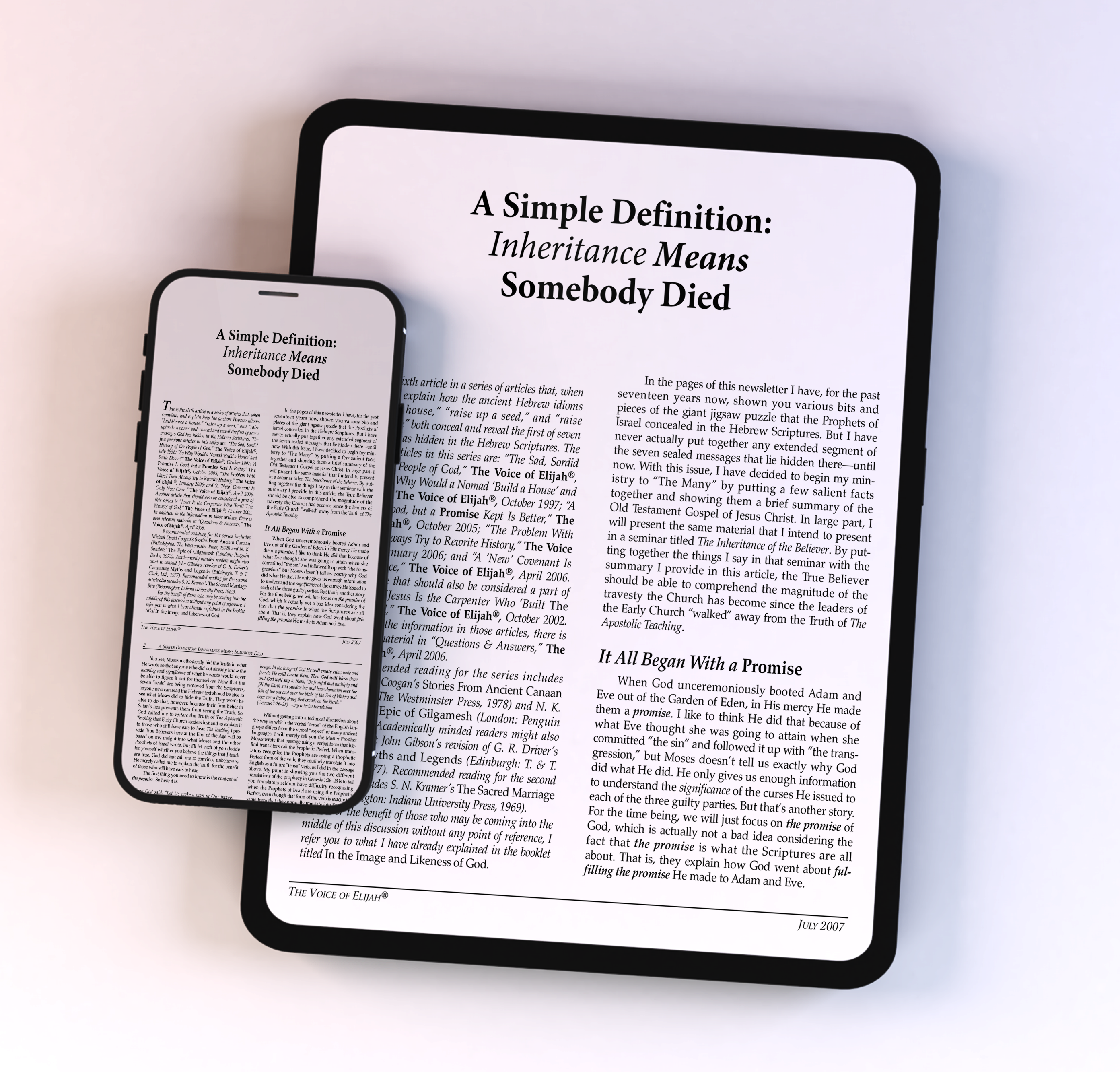 A smartphone and tablet side by side, both displaying an article titled ‘A Simple Definition: Inheritance Means Somebody Died’ on white screens.