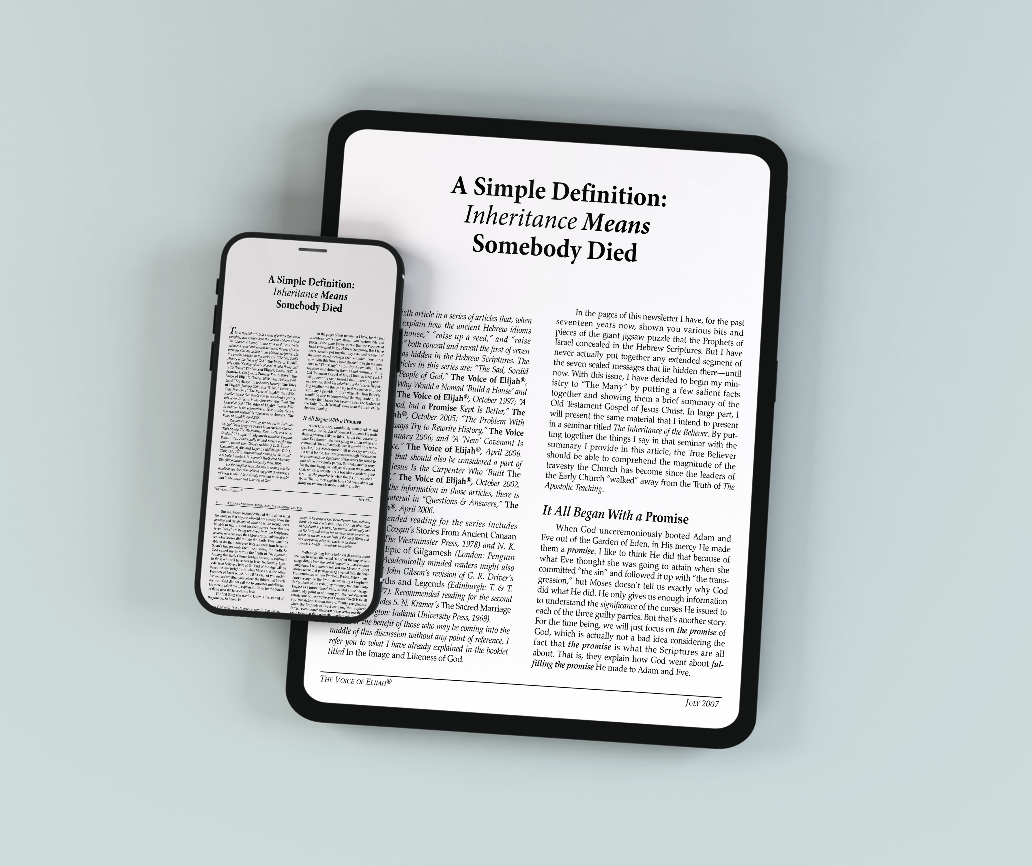 A smartphone and tablet side by side, both displaying an article titled ‘A Simple Definition: Inheritance Means Somebody Died’ on white screens.