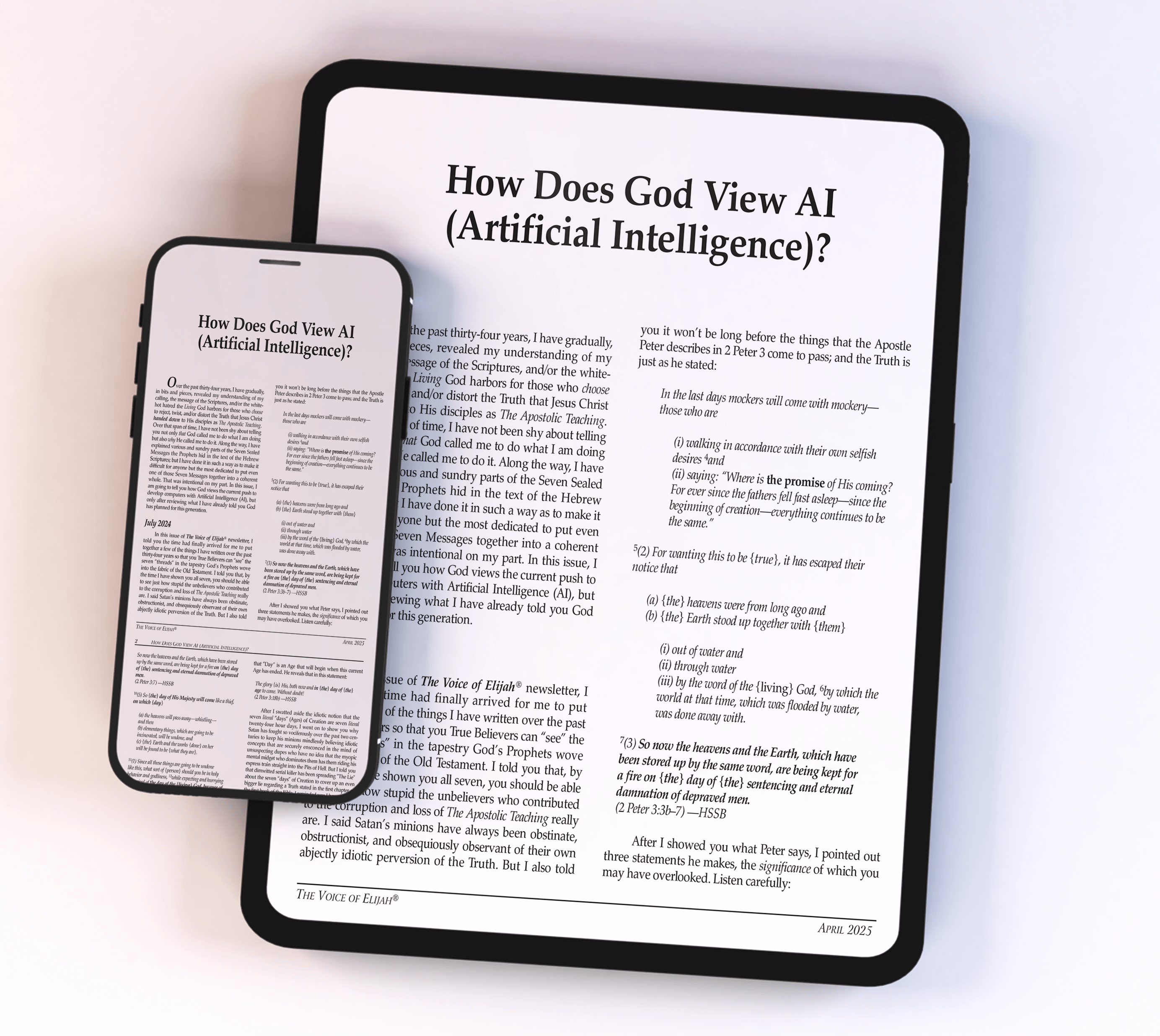 A smartphone and tablet side by side, both displaying an article titled ‘How Does God View AI (Artificial Intelligence)?’ on white screens.
