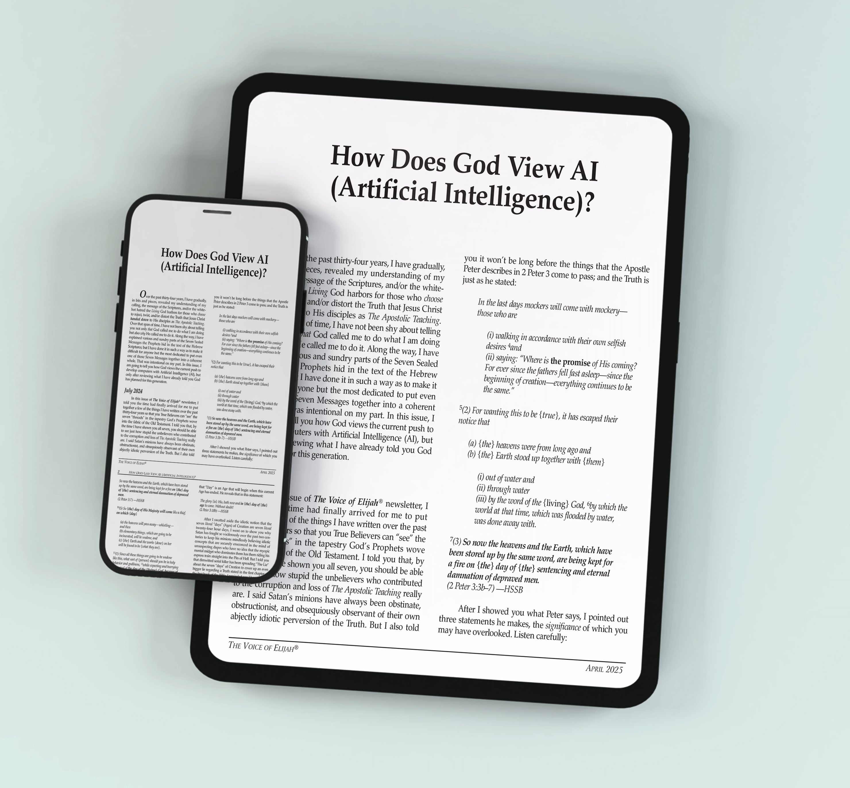 A smartphone and tablet side by side, both displaying an article titled ‘How Does God View AI (Artificial Intelligence)?’ on white screens.