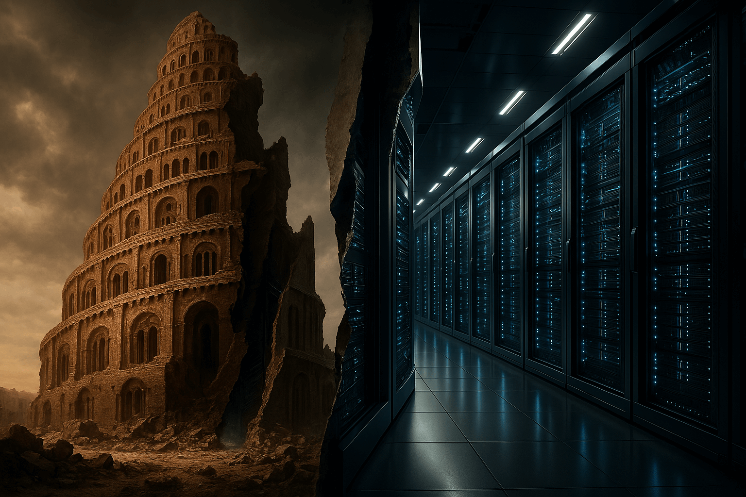 Dramatic split image of a crumbling Tower of Babel on the left and a modern AI data center with glowing server racks on the right.