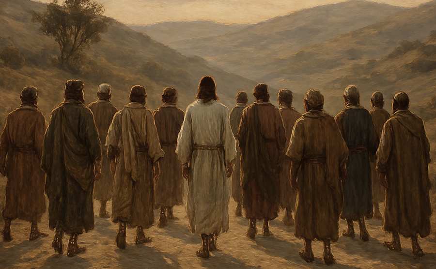 A painting-style image of Jesus and his twelve disciples walking along a dusty path through the hills of ancient Israel. The group is seen from behind or from a slight distance, wearing traditional 1st-century robes and sandals. The warm evening light casts long shadows, and their faces are not visible. The mood is calm and reflective, with a timeless biblical atmosphere.