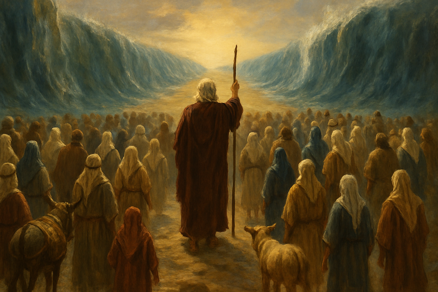 Illustration of Moses parting the Sea of Reeds with the Israelites crossing on dry ground.