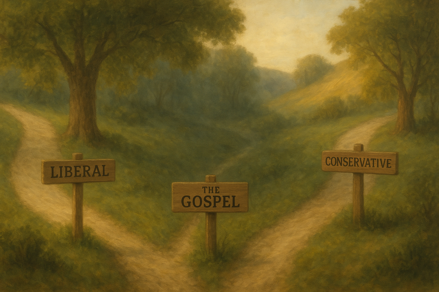A symbolic, painting-style image of a quiet landscape with trees and shrubs where three paths diverge from a single starting point. A simple wooden signpost marks each route: One path, labeled “Liberal,” is wide and smooth. Another, labeled “Conservative,” is narrower, winding toward a sunlit hill. In the center is a third path, labeled “The Gospel.” It's subtle—less worn, partially overgrown, and easy to miss. It winds quietly through a shaded valley, with soft, diffused light—not bright, but present—gently guiding its way forward.