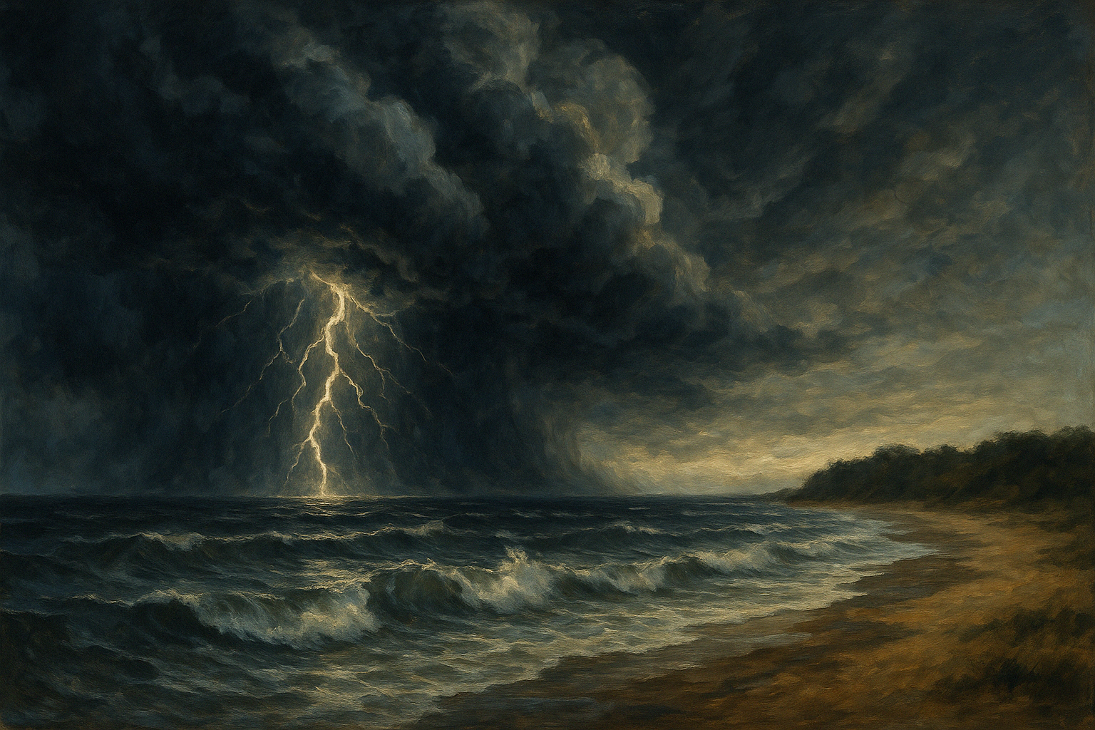 A dramatic seascape painting depicting a powerful lightning strike over the ocean. Dark storm clouds dominate the sky, with a bolt of lightning piercing through the center, illuminating the waves below. The turbulent sea crashes onto a deserted shoreline that curves toward a dark, tree-lined horizon.