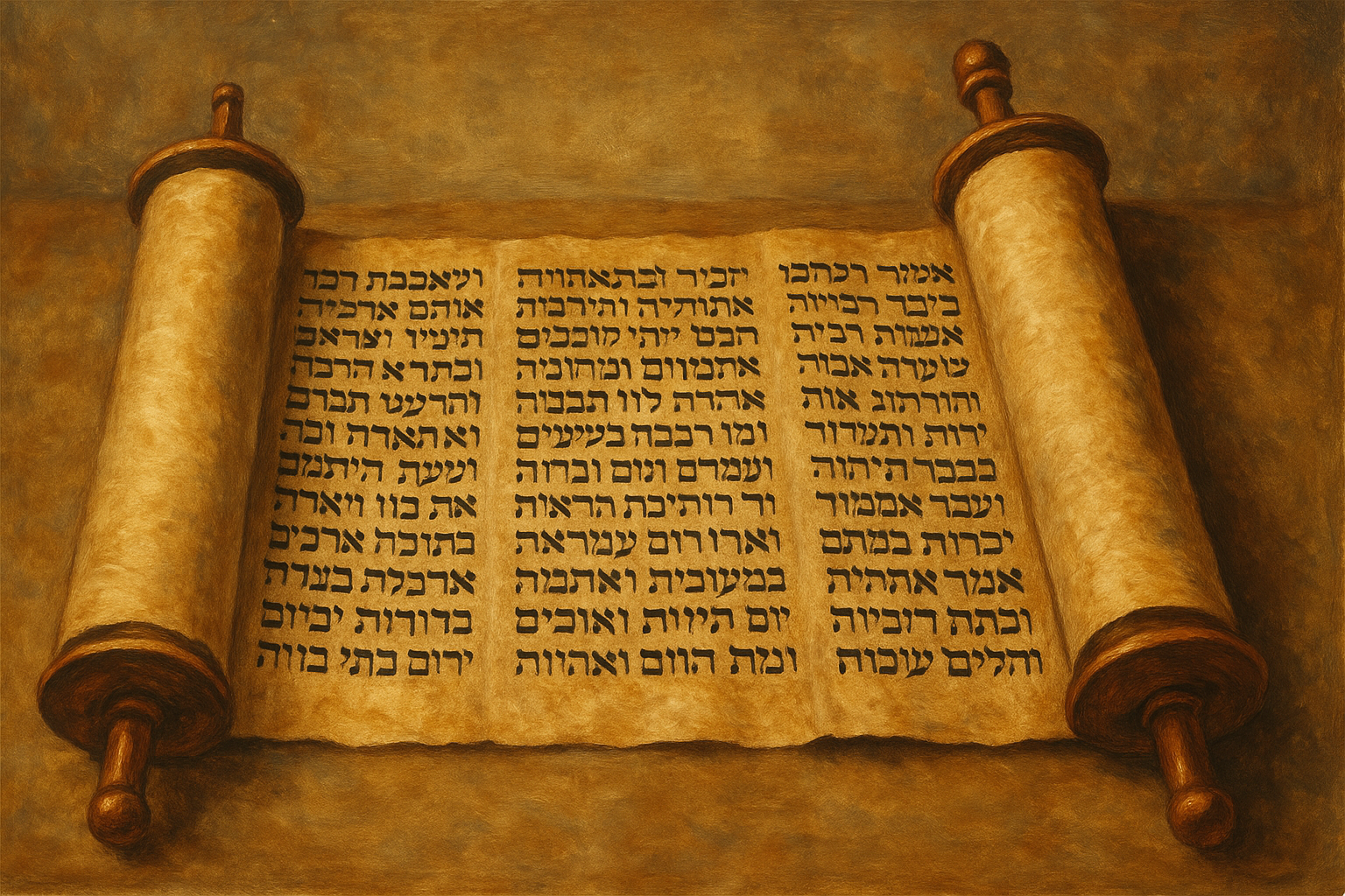 A painting-style image of an ancient Hebrew scroll unrolled, showing traditional handwritten text of biblical scripture, with scroll roller visible.