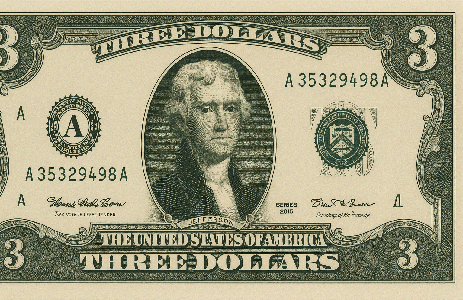 An image of a three-dollar bill with intricate details, symbolizing counterfeit beliefs.
