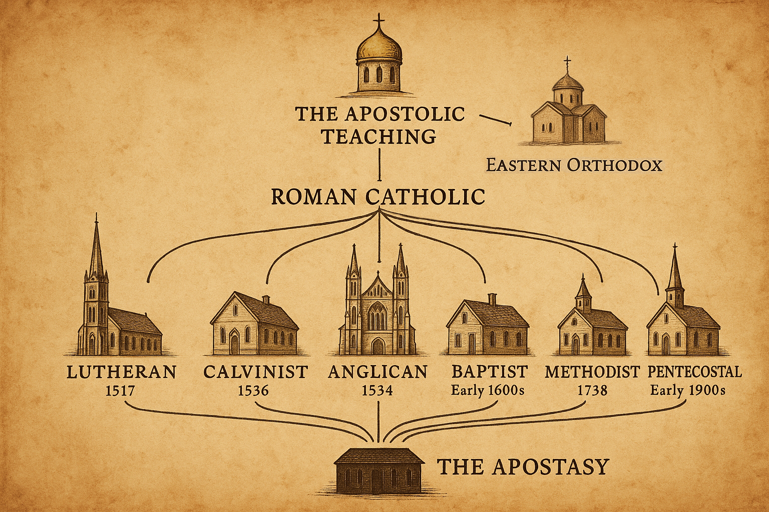 An artistic depiction of a map with symbolic imagery representing the Church's journey, diverging paths, and the concept of apostasy.