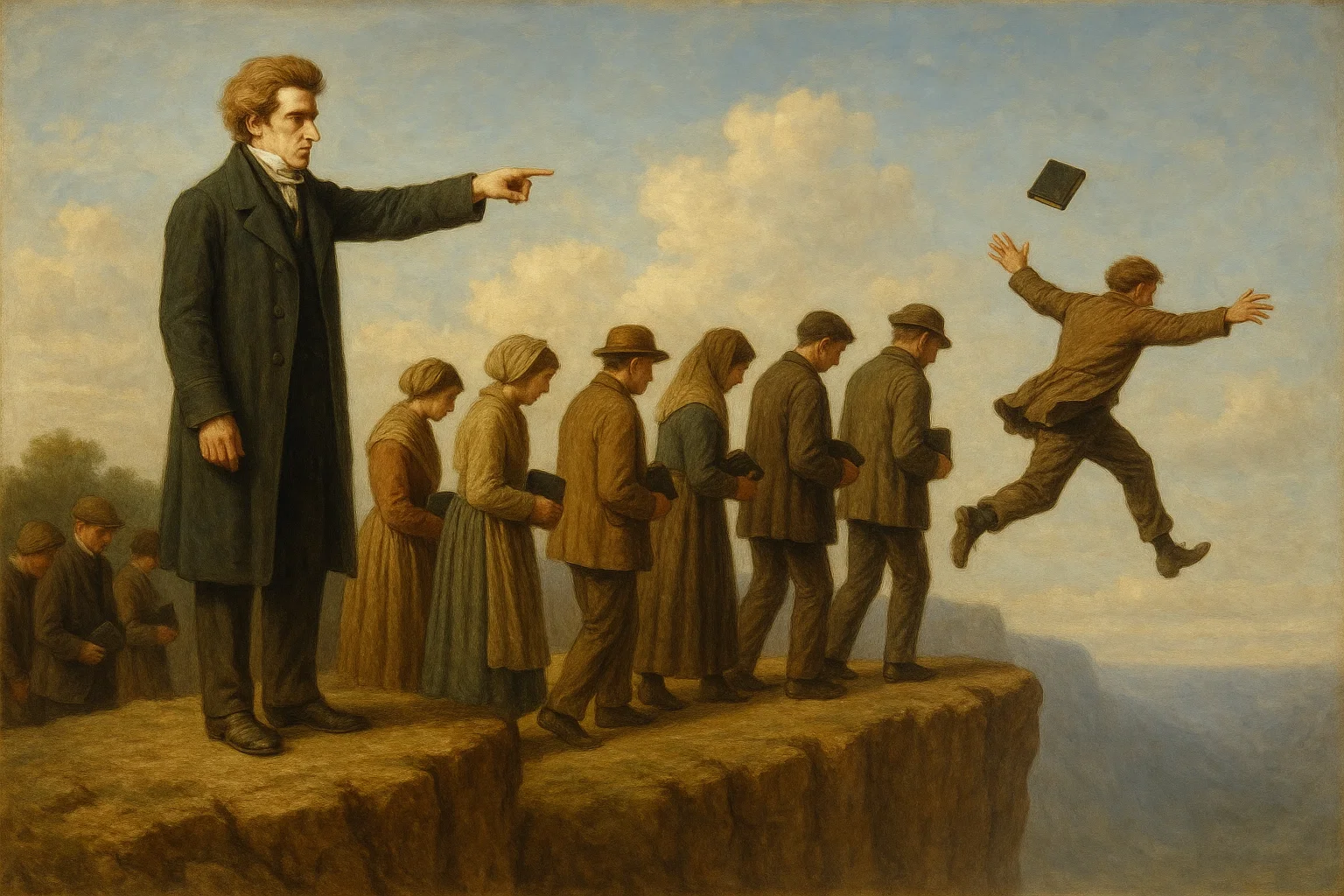 A person mid-air leaping off a cliff into a foggy canyon, symbolizing a bold leap of faith into the unknown.