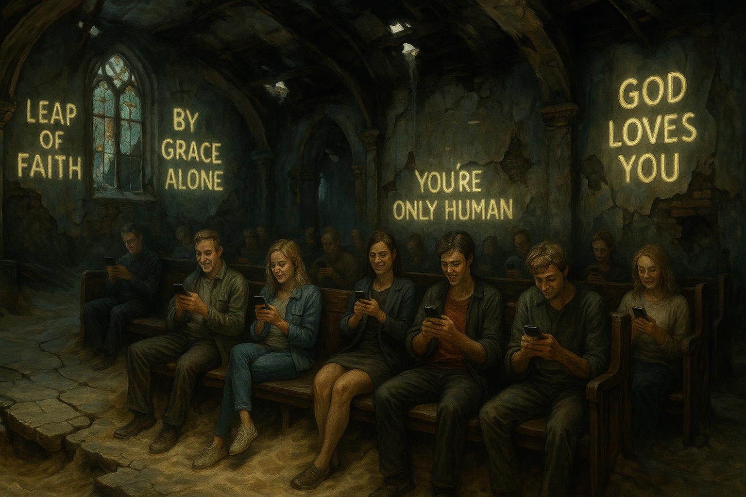 The interior of a crumbling church built on sand. The foundation beneath the floor is visibly unstable—cracks run through the stone tiles, and sand spills out underneath. The walls are decaying, stained glass is broken, and the ceiling is collapsing in places. The pews are full of people sitting casually, each one holding a smartphone and staring at it. They appear comfortable, smiling or distracted, unaware of the destruction around them. On the cracked walls behind them, glowing or painted in large, bold letters, are the phrases: 'Leap of Faith,' 'By Grace Alone,' 'God Loves You,' and 'You're Only Human.' The atmosphere is dim and artificial, with cold, flickering light. The image shows no other part of the church—only this one decaying, crowded, spiritually empty side.”
