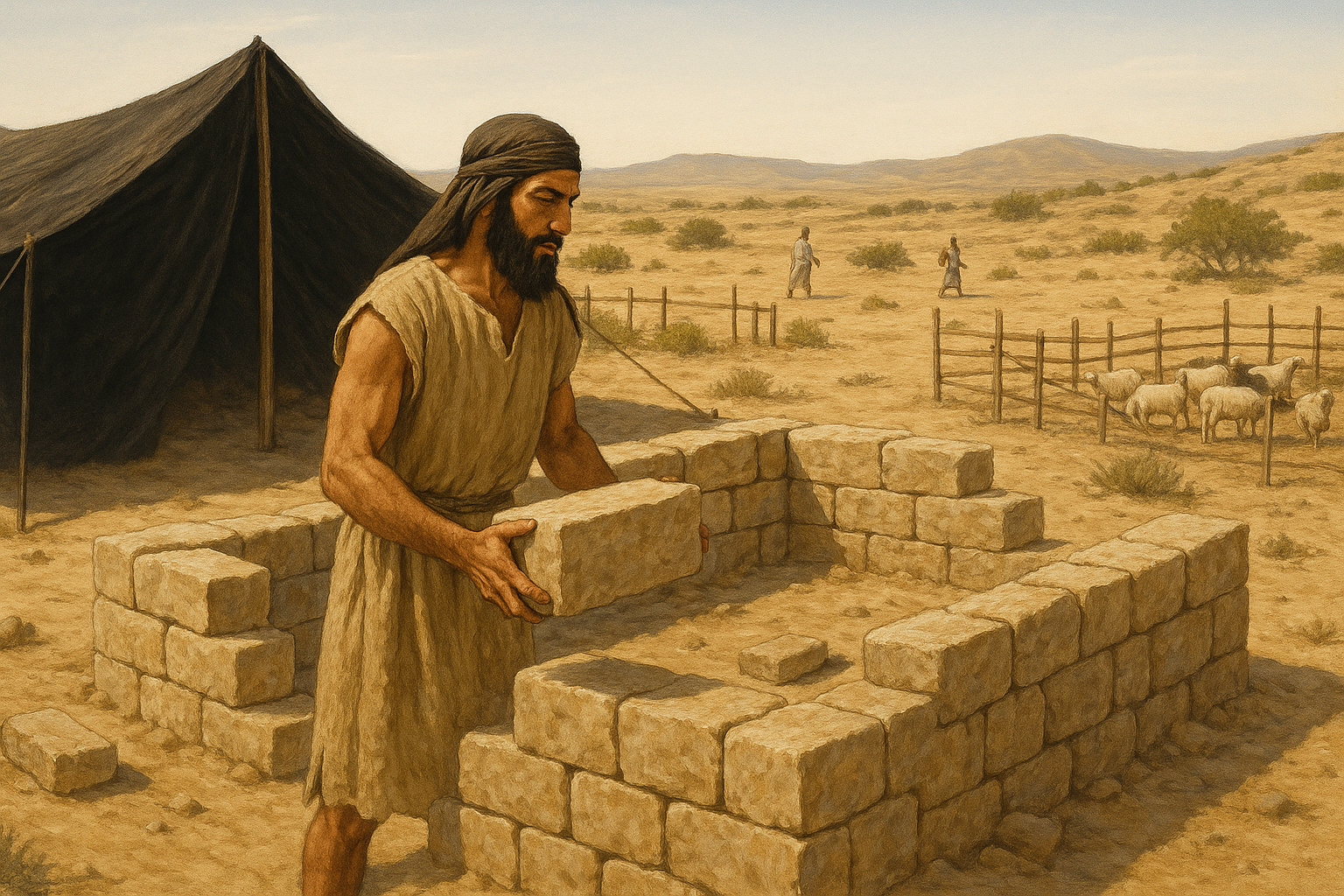 A man in ancient Middle Eastern clothing stands at the construction site of a small stone house in ancient Israel, around 2000 BCE. The house is only beginning to take shape. The stone walls are low, with only one or two layers of large, rectangular ashlar stones placed tightly together. The man is holding an ashlar stone in both hands, about to place it on the wall. Behind him is a large black goat-hair tent. In the background, a few people are walking or working. On one side of the scene is a fence with sheep pens made of wooden posts. The landscape is dry and open, with sandy ground, scattered shrubs, and low hills in the distance under a clear sky.