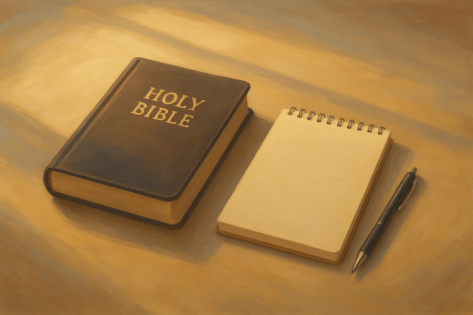 A Bible and a notepad placed on a wooden table, symbolizing study and reflection.