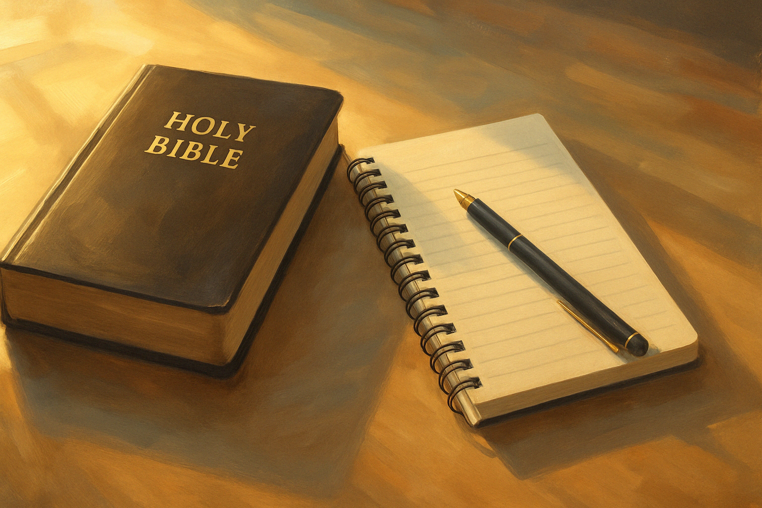 A painting-style image showing a black Holy Bible, a spiral-bound notepad with lined pages, and a black and gold pen resting on a wooden desk. Soft golden sunlight streams across the surface, creating gentle shadows and a calm, reflective atmosphere.