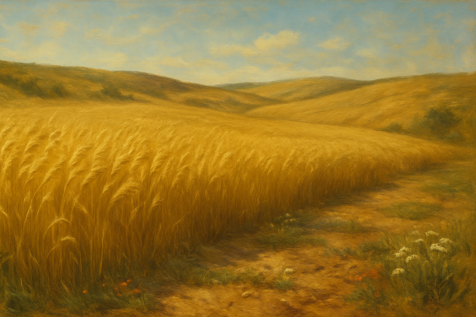 A serene wheat field under a golden sunset, symbolizing growth and harvest.