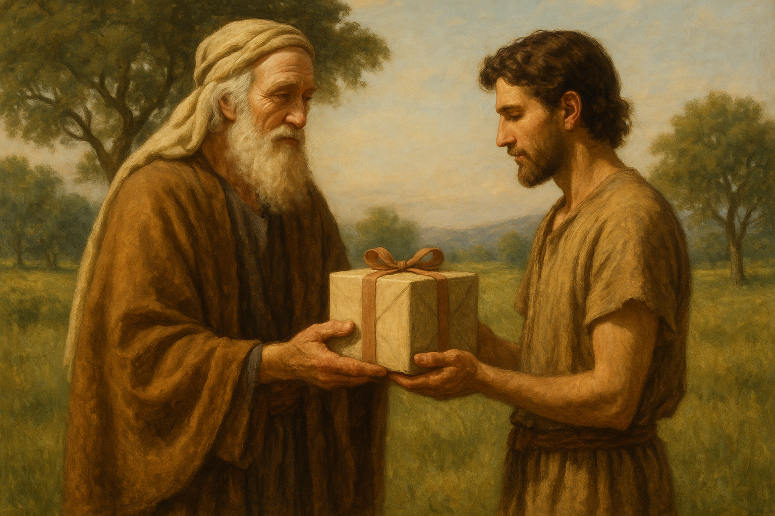 Illustration of Abraham handing a gift to Isaac