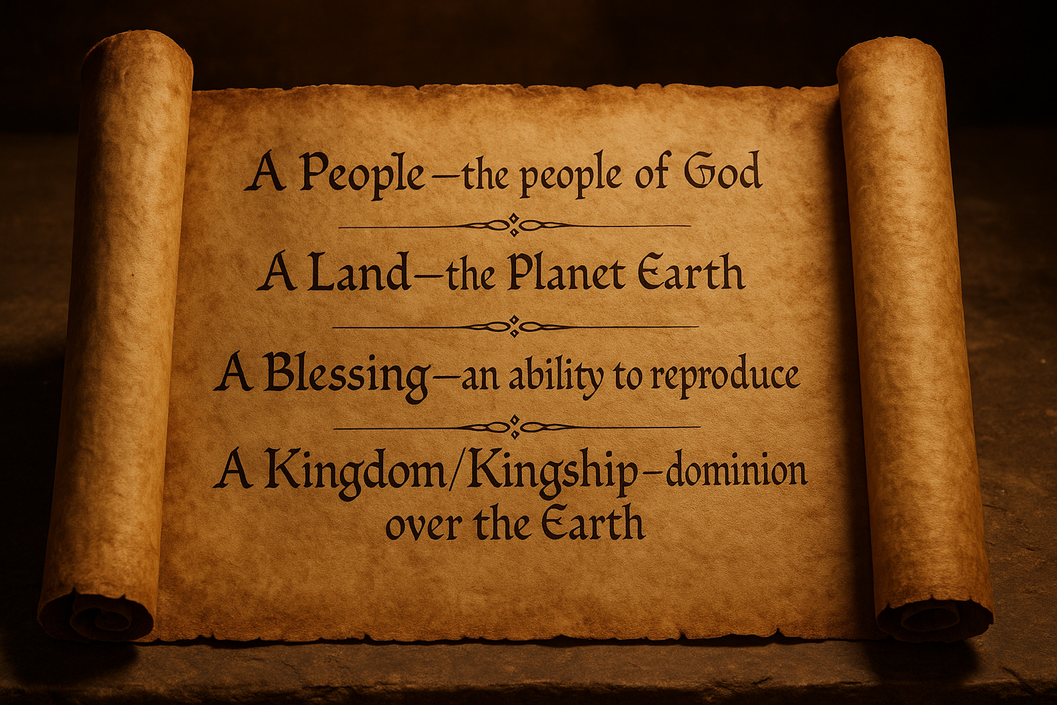 An ancient parchment scroll, unrolled and resting on a stone or wooden surface. The scroll looks weathered, with rough edges and a warm tan color. The text is written in clear, elegant script, styled like ancient Hebrew or early biblical calligraphy. The scroll contains four sections of text, each labeled: ‘A People—the people of God’, ‘A Land—the Planet Earth’, ‘A Blessing—an ability to reproduce’, and ‘A Kingdom/Kingship—dominion over the Earth’. Decorative symbols or simple scrollwork divide the sections. The background is dimly lit, with soft warm lighting highlighting the texture of the scroll and giving it a sacred, timeless feeling.”