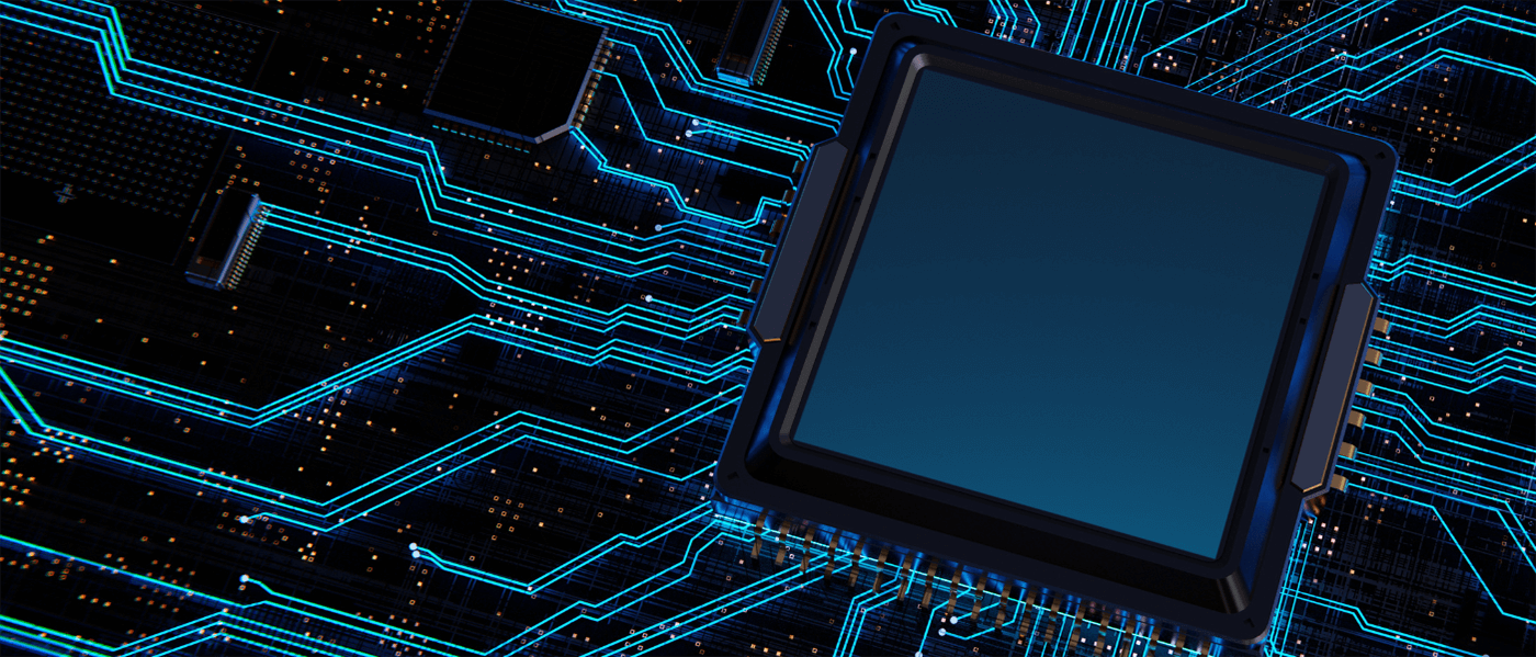 A close-up of a square microchip on a circuit board with glowing blue circuitry lines.