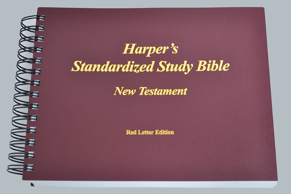 A Bible that reads Harper’s Standardized Study Bible, New Testament, Red Letter Edition in gold letters.