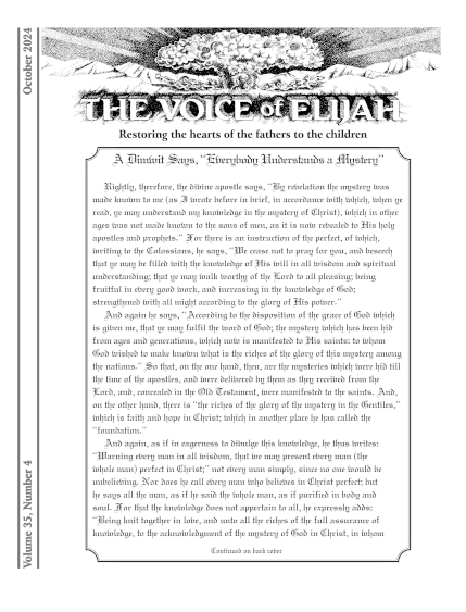 A picture of the Voice of Elijah newsletter, October 2024 issue