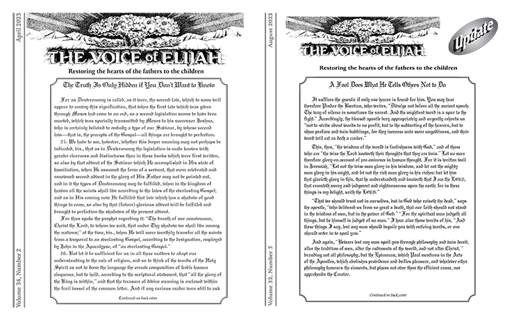 The very first issue of The Voice of Elijah® Newsletter and the first issue of The Voice of Elijah® Update side-by-side.