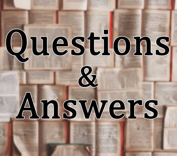 Opened books scattered across the floor with the text reading Questions and Answers